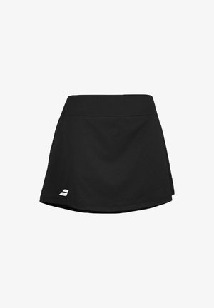 Falda atlética negra con una cinturilla ancha y un pequeño logo blanco cerca del dobladillo en un fondo blanco liso.