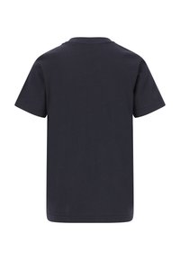 Marineblå T-shirt med korte ærmer lavet af bomuld; har en klassisk rund halsudskæring og et enkelt, struktureret stof uden mønstre.