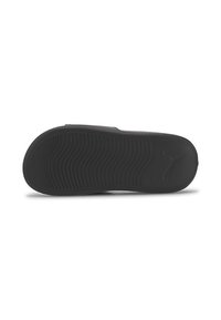 Black sneaker sole with a textured rubber surface, featuring a wavy tread pattern and a small logo near the heel.