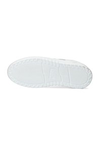 Witte sneakerzool met een gestructureerd grip patroon, voorzien van een glad oppervlak, een platte hak en het merklogo ingegoten in de tussenzool.