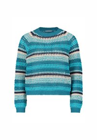 Pull en crochet avec un col rond, orné de rayures teal, marine et crème. Texture lâche, poignets et ourlet côtelés. Longueur courte.