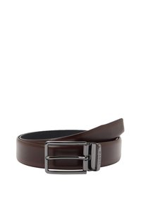 Dark brown leather belt rolled with shiny silver rectangular buckle, placed against white background.