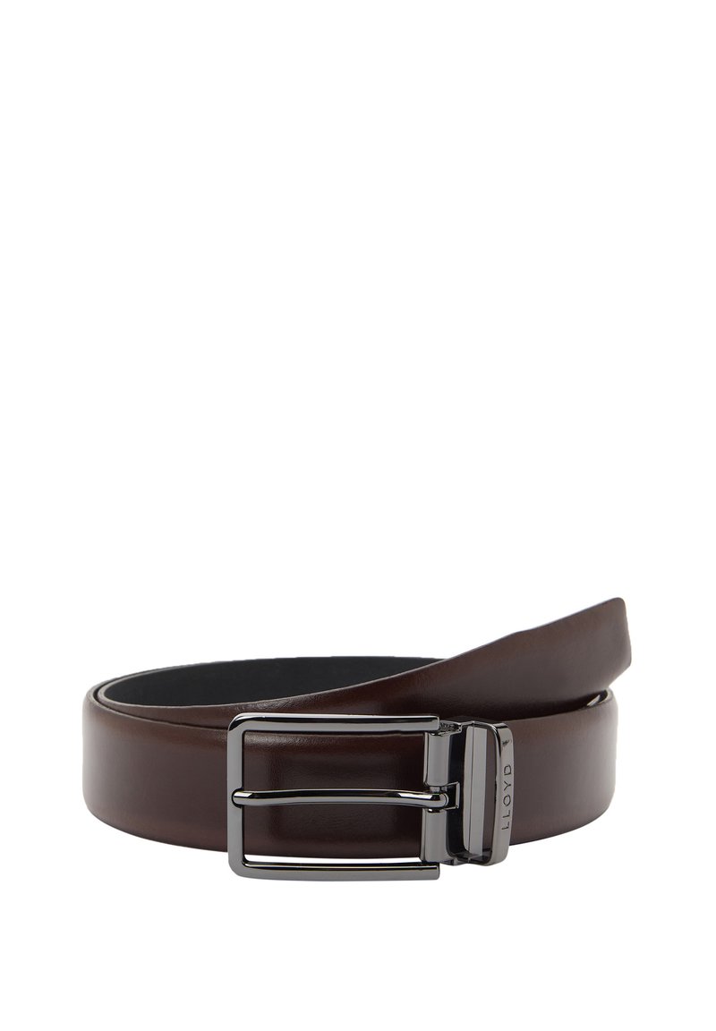 Dark brown leather belt rolled with shiny silver rectangular buckle, placed against white background.