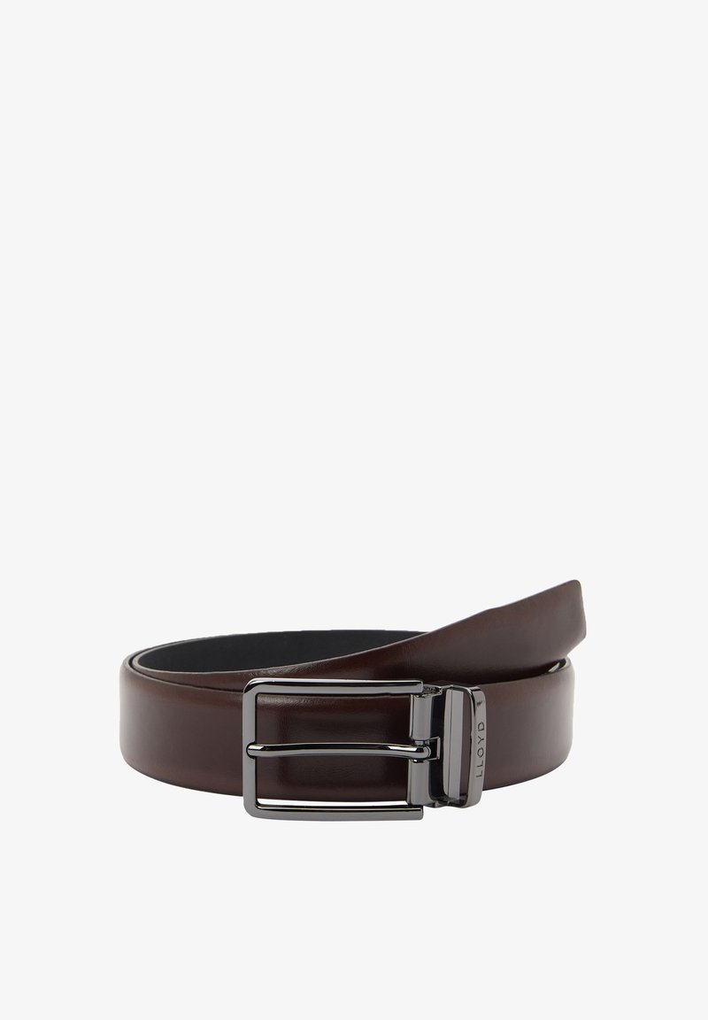 Dark brown leather belt rolled with shiny silver rectangular buckle, placed against white background.