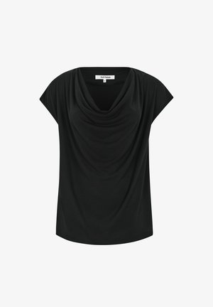 Top drappeggiato nero con maniche corte, tessuto morbido, scollatura a casacchina e orlo arrotondato. Etichetta con la scritta "Soft Rebels". Nessun motivo o dettaglio presente.