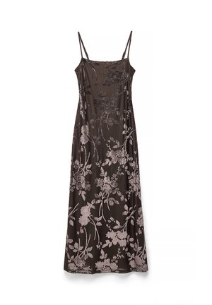 Dunkelbraunes ärmelloses Maxikleid mit dünnen verstellbaren Trägern und rosa Samtmuster mit Blumen.