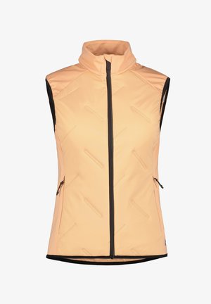 Gilet leggero senza maniche color pesca con colletto alto, zip frontale e due tasche laterali. Presenta dettagli di cucitura geometrica e rifiniture nere.