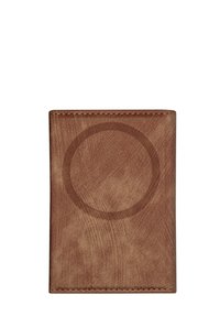 Portafoglio in pelle marrone con superficie testurizzata e motivo circolare. Presenta cuciture lungo i bordi e una forma rettangolare compatta.