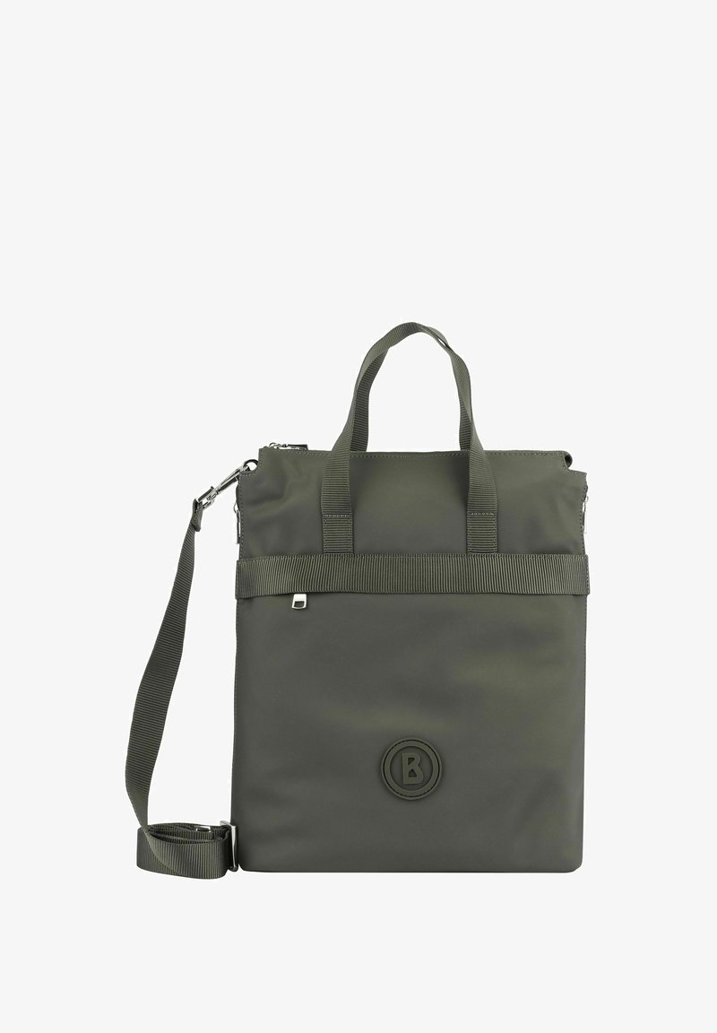 Zelena nylon torba z mišjimi ročaji in nastavljivim ramenskim trakom, ki se ponaša z teksturiranim pasom in vtisnjenim logotipom na sprednji strani.