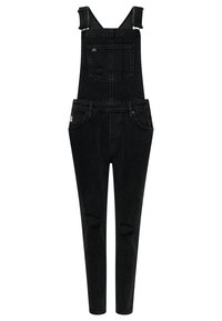 Zwarte denim salopettes met verstelbare banden, aansluitende pijpen, een voorke pocket en verwerkte details op de knieën. Gemaakt van stevige, gestructureerde stof.
