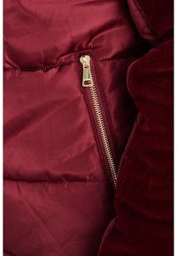 Interno di un giubbotto imbottito bordeaux con una cerniera dorata visibile e tasca foderata, caratterizzato da un tessuto liscio e lucido con una texture trapuntata.