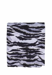 Foulard in tessuto con un motivo a strisce tigre in viola e nero, con dettagli metallici dorati lungo le strisce; texture morbida e forma quadrata.