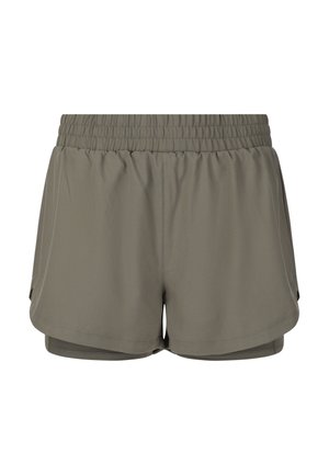 Olive green athletic shorts with elastic waistband and overlapping curved hems, designed for activewear comfort and mobility.