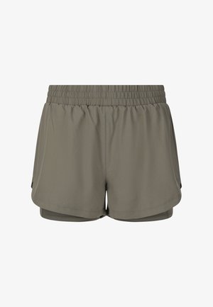 Shorts de sport verts olive avec taille élastique et ourlets incurvés superposés, conçus pour le confort et la mobilité lors d'activités physiques.