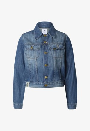 Modra denim jakna s krajšim krojem, ki ima dva prsna žepa, gumbi z zlatim pridihom in oznako blagovne znamke na spodnjem robu. Tkanina z izrazito teksturo in bledenjem.