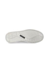 Weiße Sneaker-Sohle mit einem strukturierten Gummimuster, ausgestattet mit einem rechteckigen Logoschild, auf dem "JOSEF SEIBEL" steht. Solides und flaches Design.