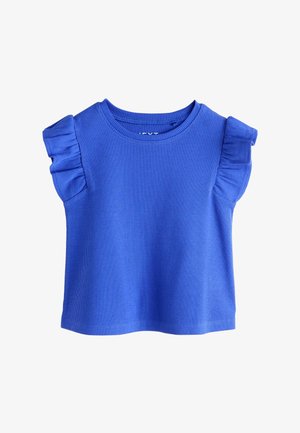 Top corto azul de punto acanalado con mangas cortas abullonadas, diseño de cuello redondo, colocado sobre fondo blanco.