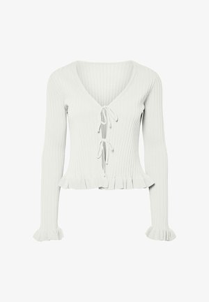 Wit geribd langarmig vestje met V-hals, twee voorste striksluitingen, gerimpelde zoom en gerimpelde mouwboorden.