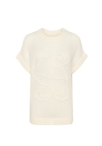 Cream-colored knitted sweater with a textured, abstract pattern on the front. Short sleeves and a round neckline. Soft, breathable fabric.
