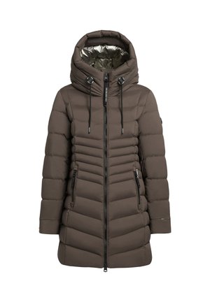 Puhuva takki tummanruskeana, jossa on kiiltävä hopeanvärinen vuori. Rinnassa on korkea kaulus, säädettävä huppu ja sivuilla vetoketjulliset taskut.