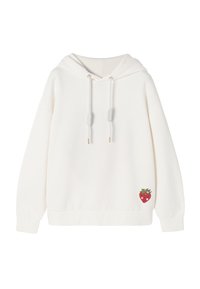 Biała bluza z kapturem, wykonana z miękkiego materiału, z przednią kieszenią, sznurkami z metalowymi końcami oraz małą grafiką czerwonego truskawki na klatce piersiowej.