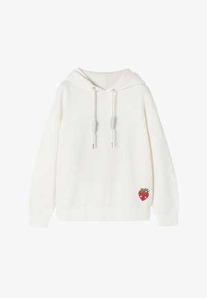 White hoodie made of soft fabric, featuring a front pocket, drawstrings with metal tips, and a small red strawberry graphic on the chest.