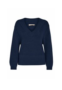 Dunkelblauer Strickpullover mit V-Ausschnitt, gerippten Bündchen und Saum. Verfügt über ein strukturiertes Muster im gesamten Körper.