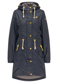 Navy waterproof jacket with a zip and button closure, yellow accents, adjustable hood, and two front pockets with zippers. Smooth texture.