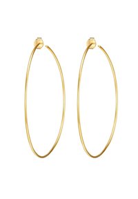 Zelta gredzenu auskaru pāris ar plānu, iegarenu dizainu, gludu virsmu un drošu aizdari augšpusē.