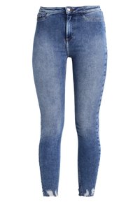 Höga blå denimjeans med en urtvättad look, skinny fit och fransade fållar. Har knapplås och dragkedja, femfickorsdesign.