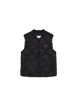 Chaleco acolchado negro con cuello alto, cremallera frontal y bolsillos laterales. Destacada parche redondo del logo en el lado izquierdo del pecho. Textura suave.