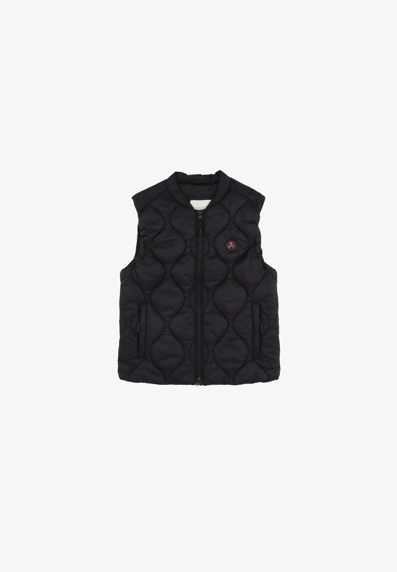Black quilted vest featuring a high collar, front zipper, and side pockets. Notable round logo patch on the left chest. Smooth texture.
