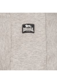 Grå sweatshirt med ett Lonsdale London-logomärke i svart och vitt. Tyget har en melerad textur med synliga sömmar.
