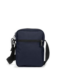 Borsa a spalla in tessuto blu navy con tasca frontale con zip, tracolla nera regolabile, forma rettangolare e superficie testurizzata.