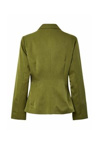 Blazer vert olive à fines rayures, manches longues, taille cintrée et col cranté, vu de dos sur fond blanc.