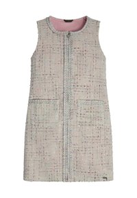 Ärmelloses Kleid aus hellgrauem Tweed mit pastellfarbenen Sprenkeln. Es verfügt über einen Reißverschluss vorne und zwei seitliche Taschen, abgerundet mit einem kontrastierenden rosa Futter.