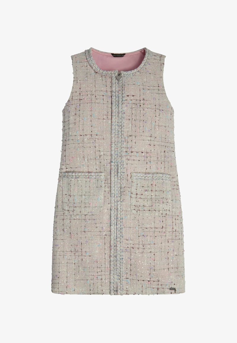 Ärmelloses Kleid aus hellgrauem Tweed mit pastellfarbenen Sprenkeln. Es verfügt über einen Reißverschluss vorne und zwei seitliche Taschen, abgerundet mit einem kontrastierenden rosa Futter.
