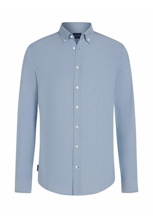 Light blue long-sleeve button-up shirt made of smooth fabric. Features a button-down collar, full front placket, and rounded hem.