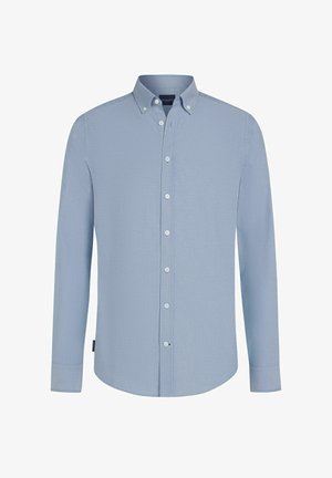 Lichtblauw overhemd met lange mouwen, gemaakt van gladde stof. Voorzien van een button-down kraag, een volledige knoopsluiting aan de voorkant en een afgeronde zoom.