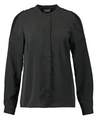 Blusa nera a maniche lunghe con colletto rotondo, tessuto morbido, chiusura con bottoni e spalle strutturate. Design minimalista senza motivi visibili.