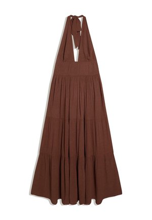 Ärmelloses braunes Neckholder-Kleid mit tiefem V-Ausschnitt, gestuften, gerafften Rock und Binderverschluss am Hals.