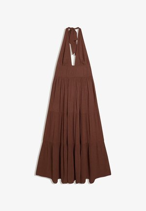 Ärmelloses braunes Neckholder-Kleid mit tiefem V-Ausschnitt, gestuften, gerafften Rock und Binderverschluss am Hals.