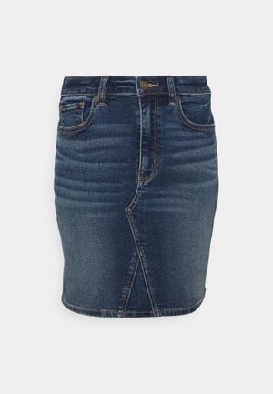 Ciemnoniebieska spódnica dżinsowa z przednimi kieszeniami, szlufkami na pasek, zapięciem na guziki oraz przednim przeszyciem w subtelny kształt litery V.