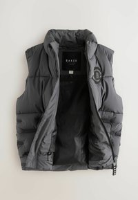 Gilet matelassé gris avec col haut, fermeture éclair et poches latérales. L'intérieur est doublé de tissu lisse. Il présente un badge logo sur la poitrine.