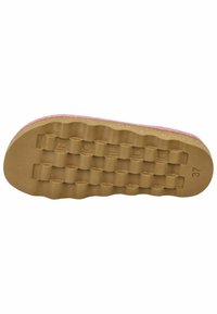 Gummisulor med en rosa kant och en texturerad, honungskakeformad mönstring. Prägling av storlek 37 på undersidan, vilket ger grepp och stöd.