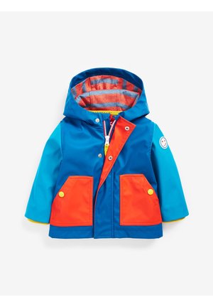 Niebieska i pomarańczowa kurtka przeciwdeszczowa z kapturem. Posiada dwie przednie kieszenie, paskowane wykończenie wewnętrzne i żółty akcent. Wodoodporny materiał.
