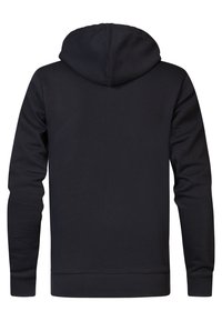 Sudadera negra con bolsillo tipo canguro, mangas largas y puños y dobladillo de canalé. Presenta una textura suave y una capucha ajustable con cordón.
