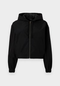 Black cropped jacket with a hood, featuring a front zipper, elastic cuffs, and a spacious front pocket. Made from smooth, lightweight material.