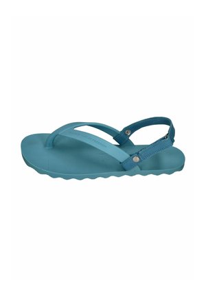 Blaue Sandale im Tanga-Stil mit verstellbarem Knöchelriemen und strukturierter Sohle, für den Freizeitgebrauch entworfen.