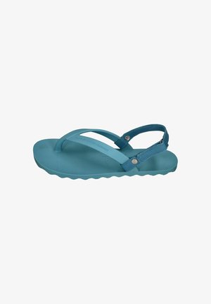 Blaue Sandale im Tanga-Stil mit verstellbarem Knöchelriemen und strukturierter Sohle, für den Freizeitgebrauch entworfen.
